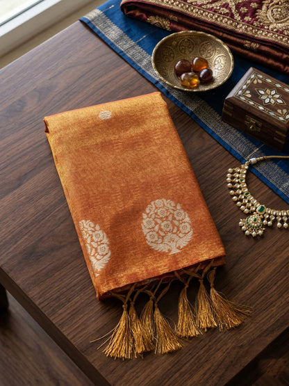 Sutriti Women Rust Orange Woven Tissue Silk Saree with Mandala Motifs