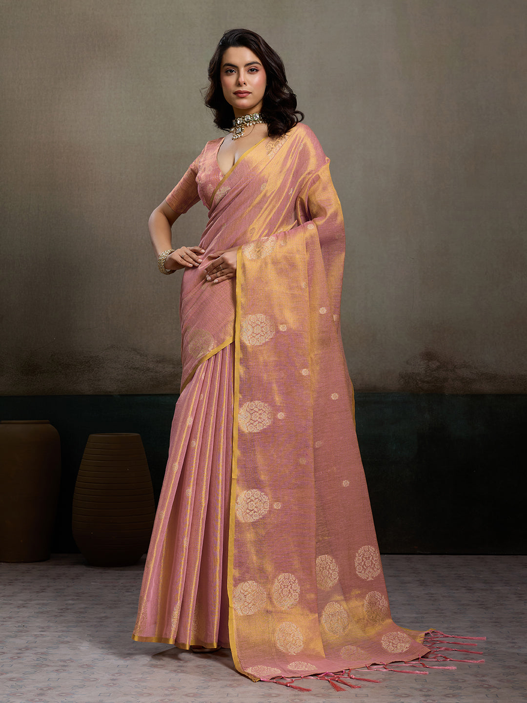 Sutriti Women Peach & Gold Woven Tissue Silk Saree with Mandala Motifs