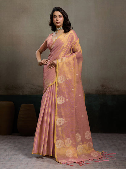 Sutriti Women Peach & Gold Woven Tissue Silk Saree with Mandala Motifs