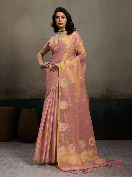 Sutriti Women Peach & Gold Woven Tissue Silk Saree with Mandala Motifs