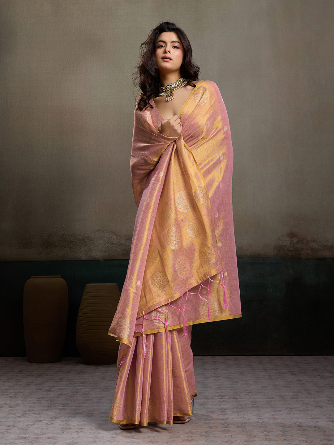 Sutriti Women Peach & Gold Woven Tissue Silk Saree with Mandala Motifs
