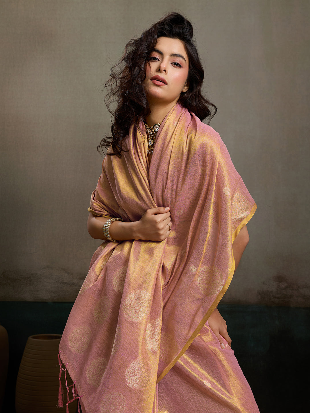 Sutriti Women Peach & Gold Woven Tissue Silk Saree with Mandala Motifs
