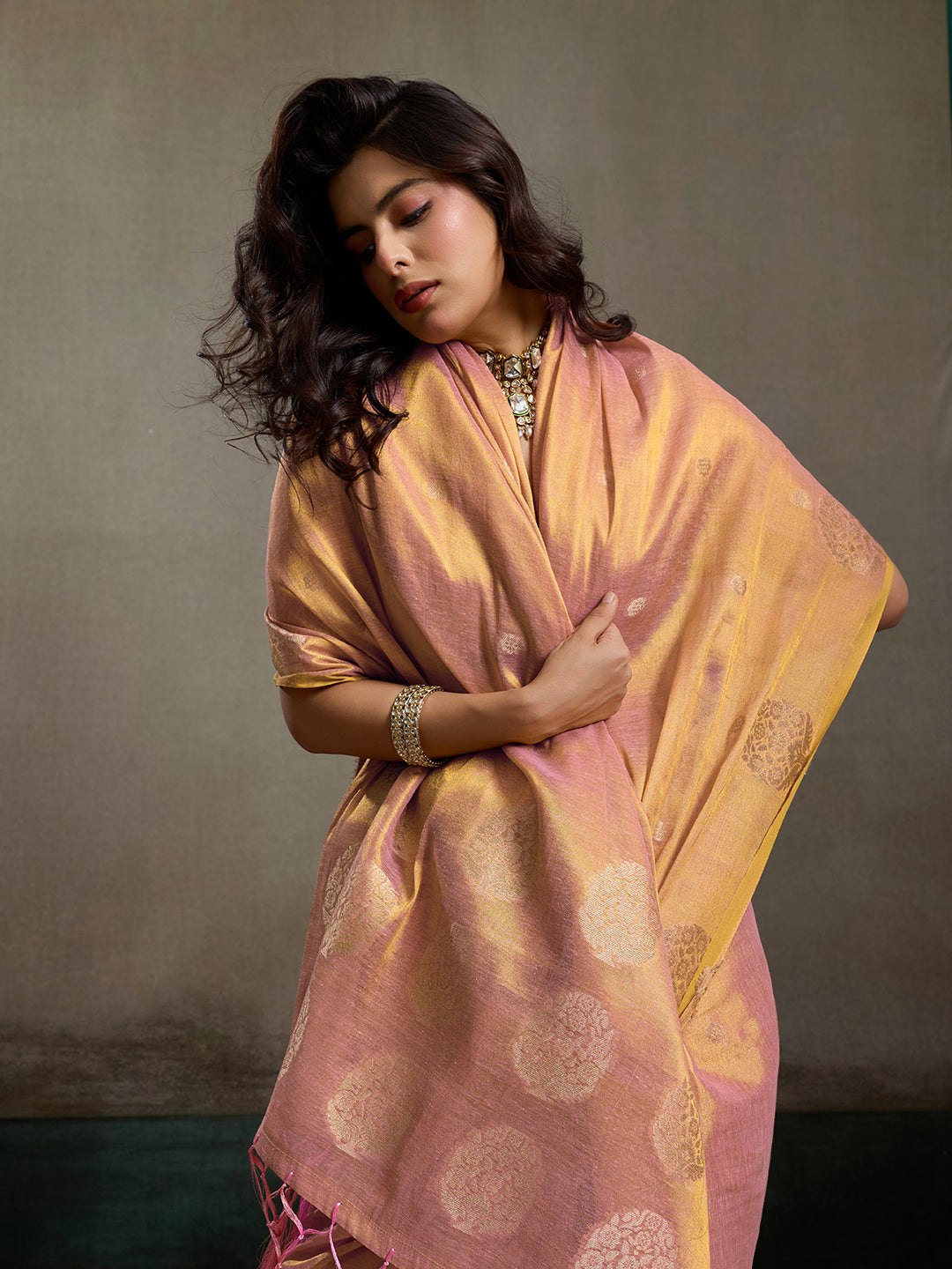 Sutriti Women Peach & Gold Woven Tissue Silk Saree with Mandala Motifs