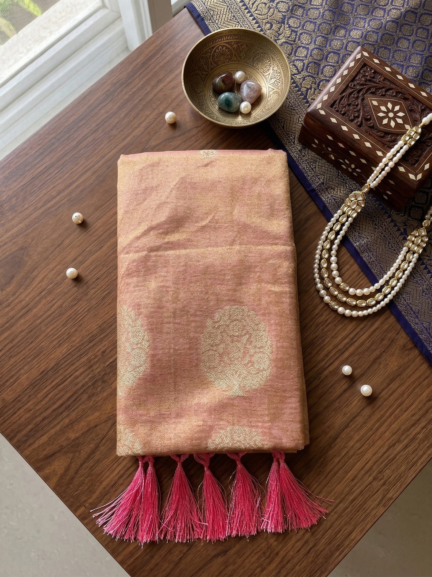 Sutriti Women Peach & Gold Woven Tissue Silk Saree with Mandala Motifs