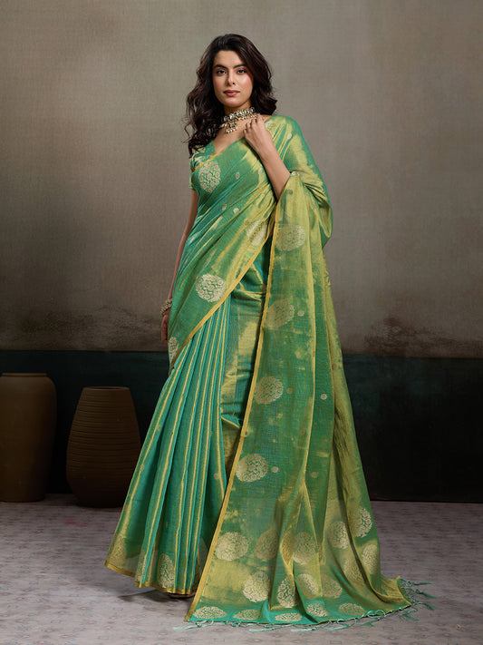 Sutriti Women Sea Green Woven Tissue Silk Saree with Mandala Motifs