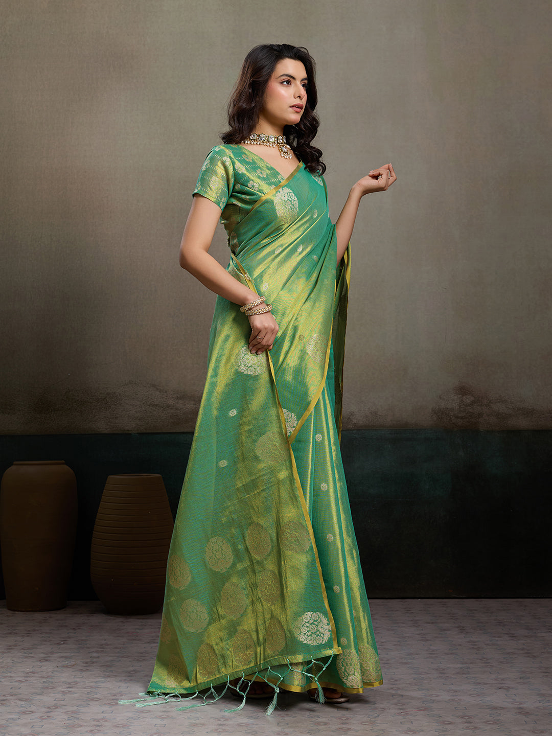 Sutriti Women Sea Green Woven Tissue Silk Saree with Mandala Motifs