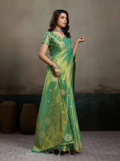 Sutriti Women Sea Green Woven Tissue Silk Saree with Mandala Motifs