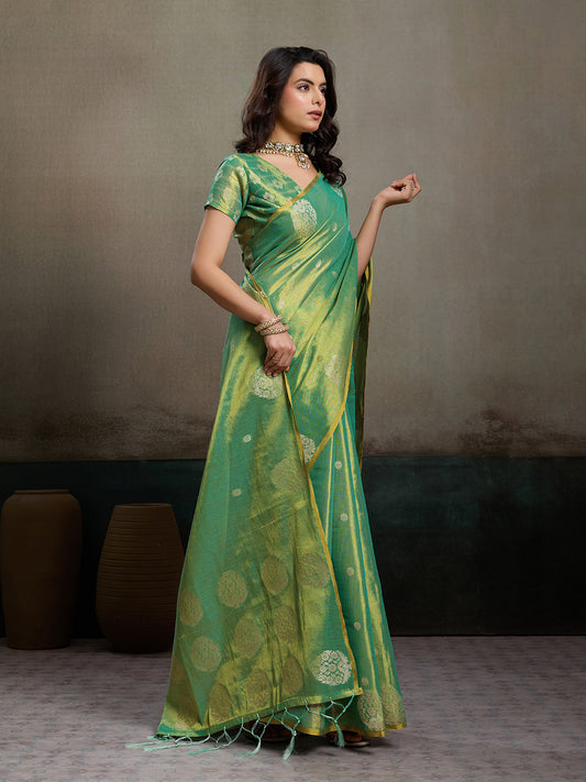 Sutriti Women Sea Green Woven Tissue Silk Saree with Mandala Motifs