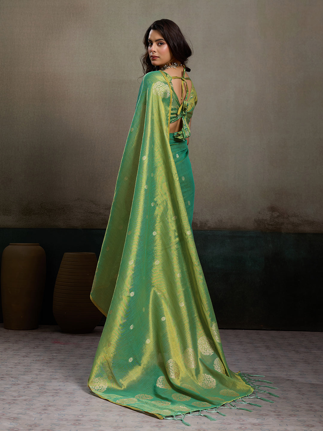 Sutriti Women Sea Green Woven Tissue Silk Saree with Mandala Motifs