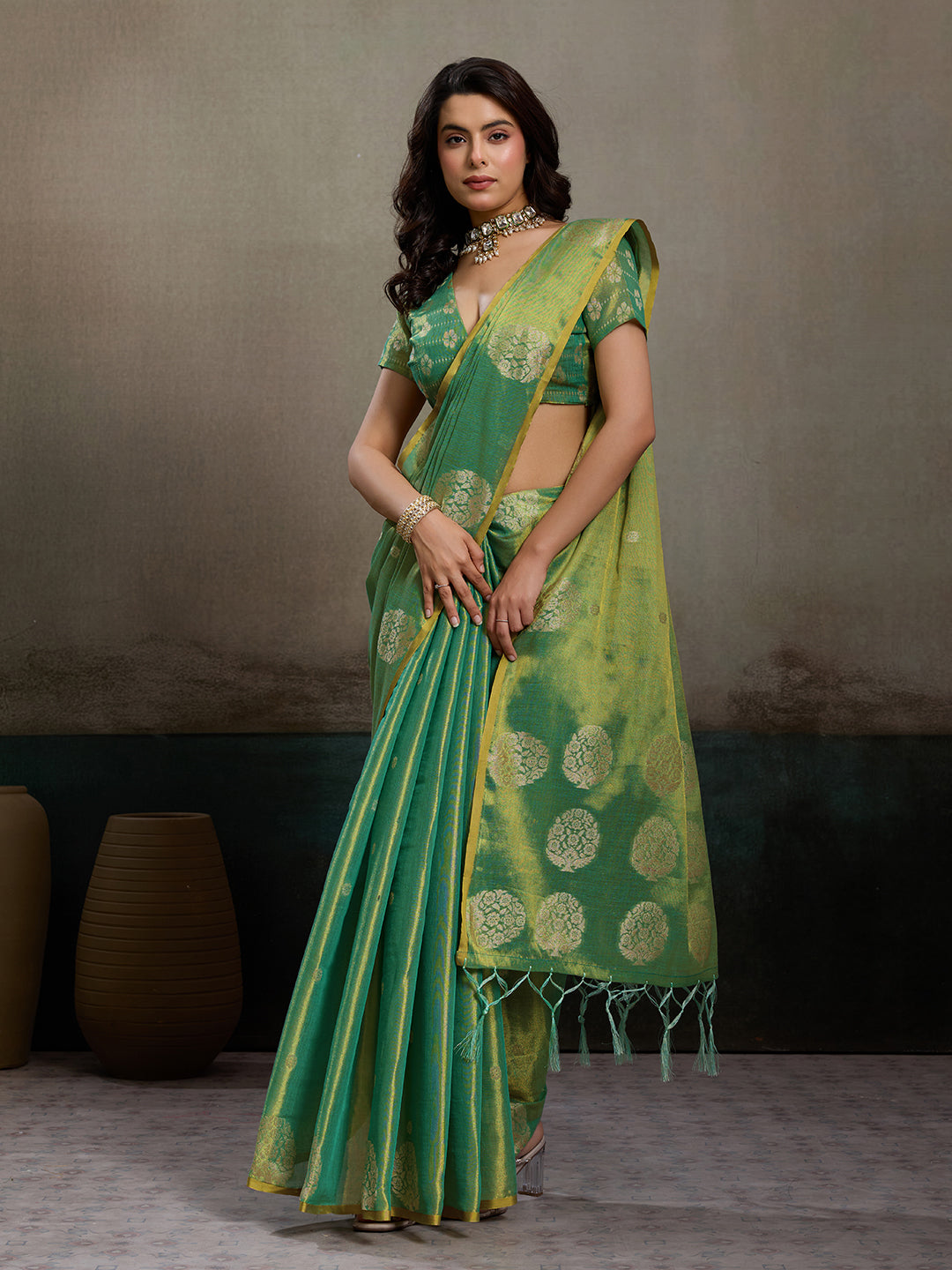 Sutriti Women Sea Green Woven Tissue Silk Saree with Mandala Motifs