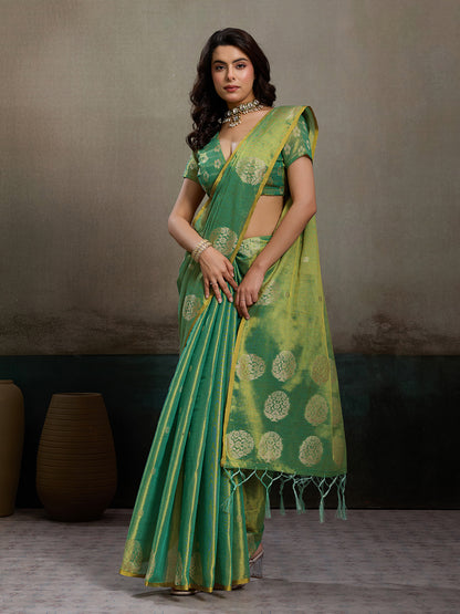 Sutriti Women Sea Green Woven Tissue Silk Saree with Mandala Motifs
