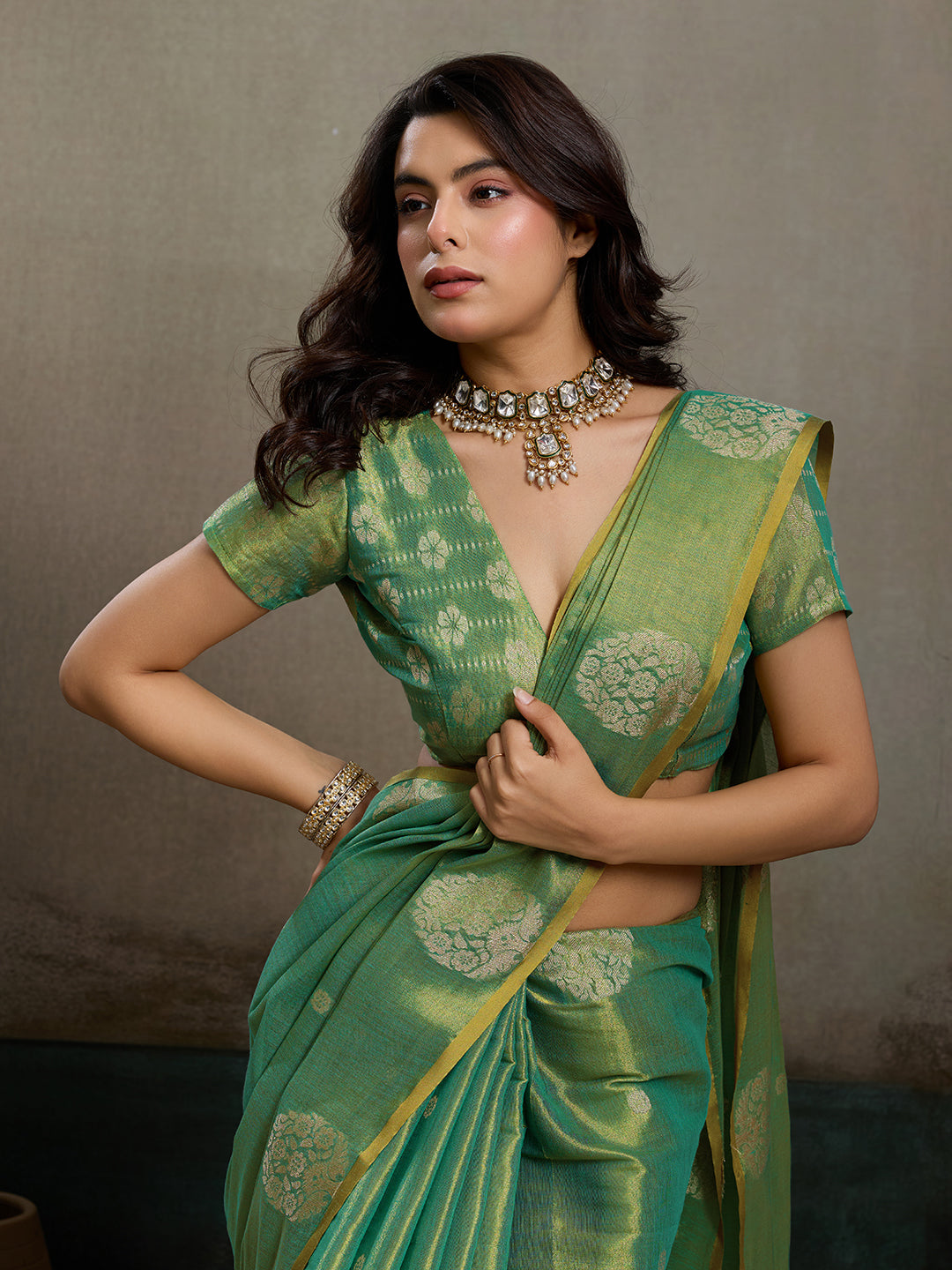Sutriti Women Sea Green Woven Tissue Silk Saree with Mandala Motifs