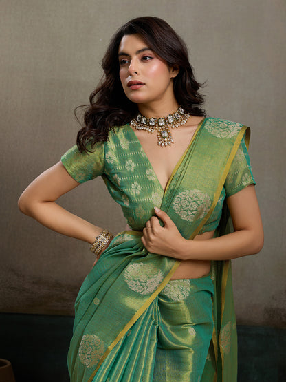Sutriti Women Sea Green Woven Tissue Silk Saree with Mandala Motifs