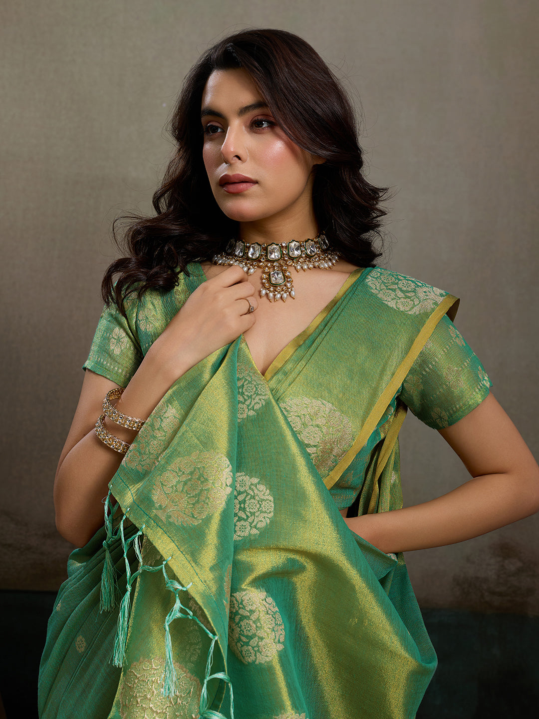 Sutriti Women Sea Green Woven Tissue Silk Saree with Mandala Motifs