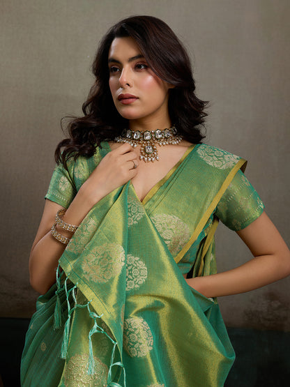 Sutriti Women Sea Green Woven Tissue Silk Saree with Mandala Motifs