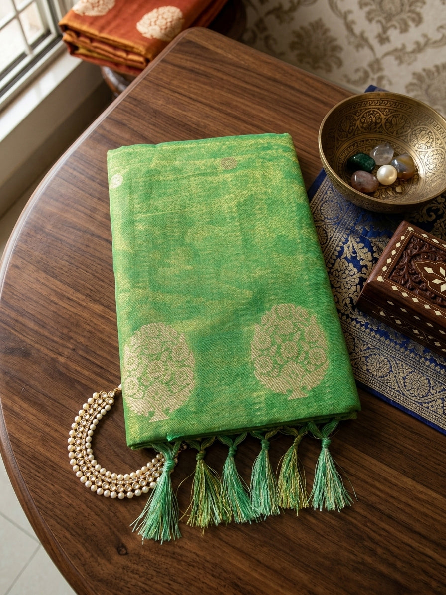 Sutriti Women Sea Green Woven Tissue Silk Saree with Mandala Motifs