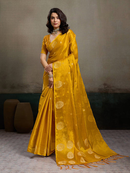 Sutriti Women Mustard Yellow Woven Tissue Silk Saree with Mandala Motifs