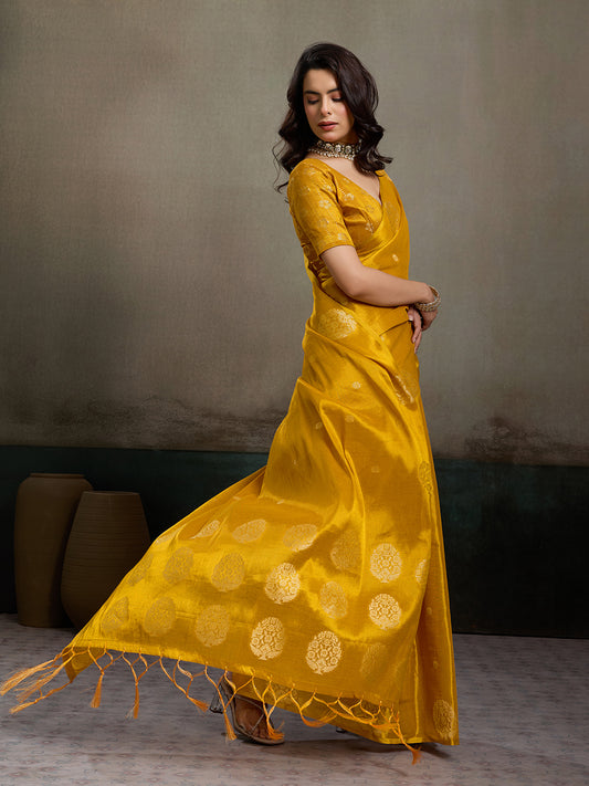 Sutriti Women Mustard Yellow Woven Tissue Silk Saree with Mandala Motifs