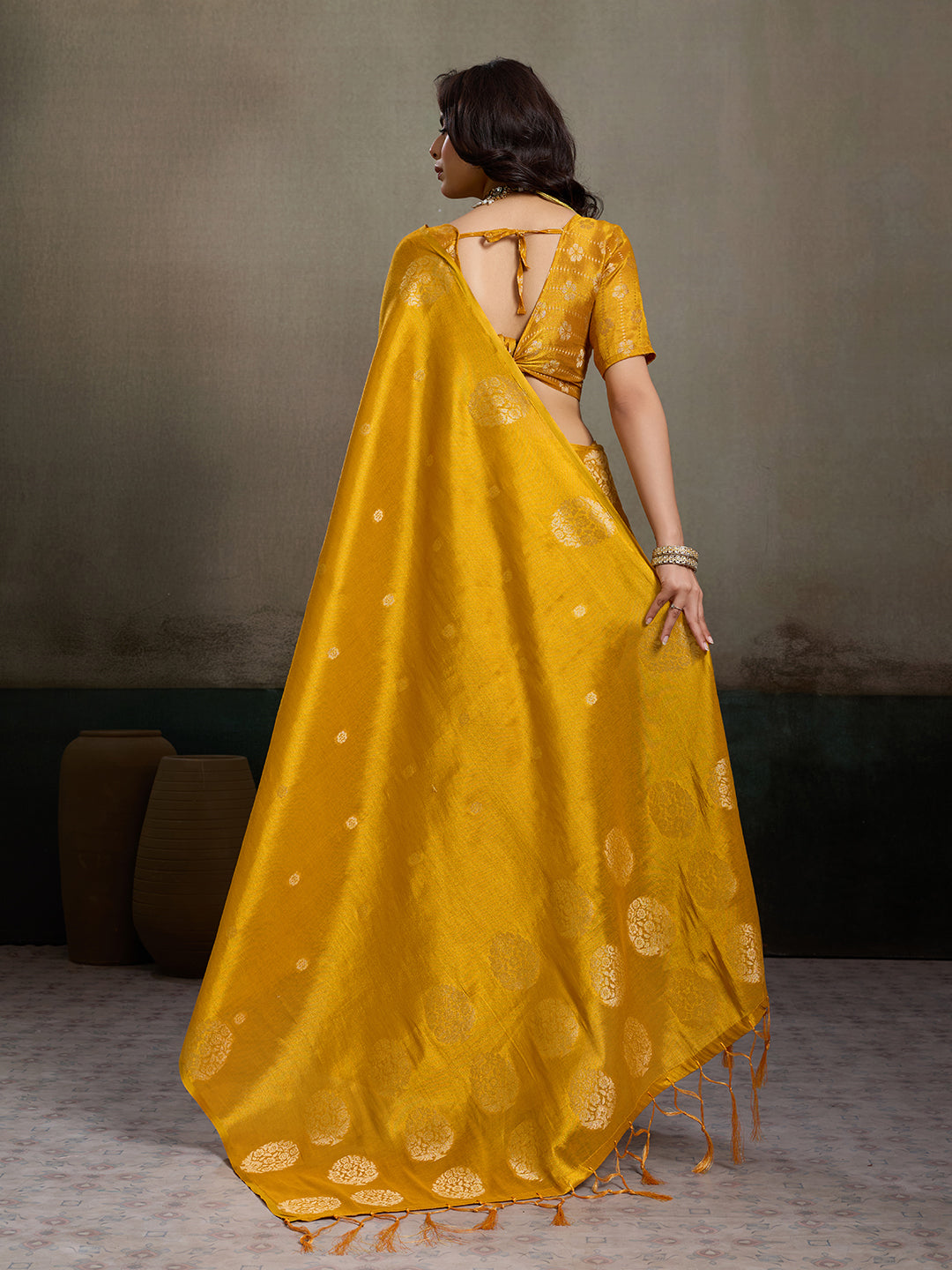 Sutriti Women Mustard Yellow Woven Tissue Silk Saree with Mandala Motifs