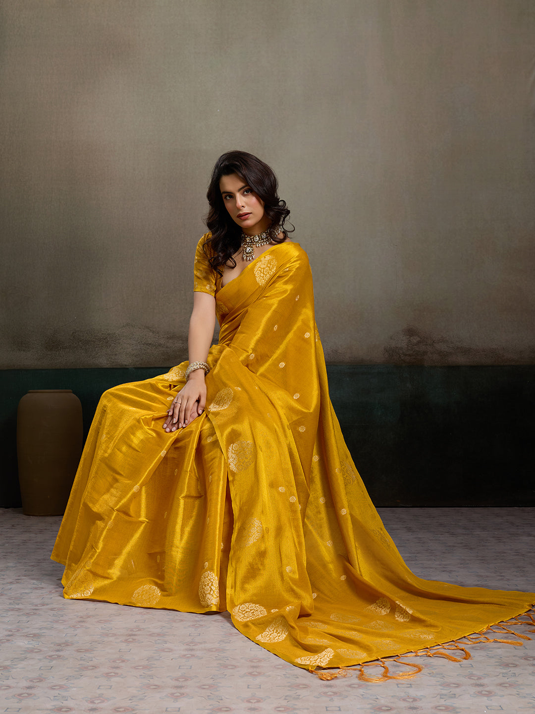 Sutriti Women Mustard Yellow Woven Tissue Silk Saree with Mandala Motifs