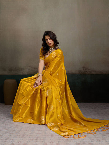 Sutriti Women Mustard Yellow Woven Tissue Silk Saree with Mandala Motifs