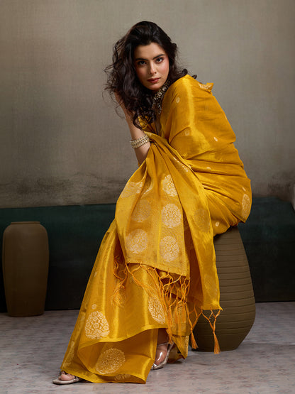 Sutriti Women Mustard Yellow Woven Tissue Silk Saree with Mandala Motifs