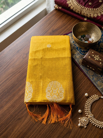 Sutriti Women Mustard Yellow Woven Tissue Silk Saree with Mandala Motifs