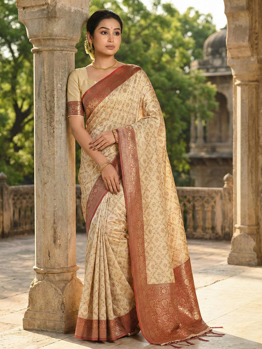 Sutriti Ivory and Maroon Banarasi Silk Saree with Golden Zari – Regal Elegance for Timeless Celebrations