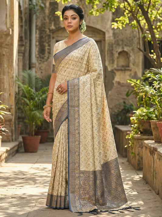 Sutriti Ivory and Navy Blue Banarasi Silk Saree with Golden Zari – Regal Elegance for Timeless Celebrations