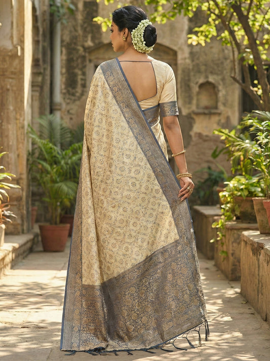 Sutriti Ivory and Navy Blue Banarasi Silk Saree with Golden Zari – Regal Elegance for Timeless Celebrations