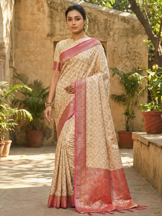 Sutriti Ivory and Pink Banarasi Silk Saree with Golden Zari – Regal Elegance for Timeless Celebrations