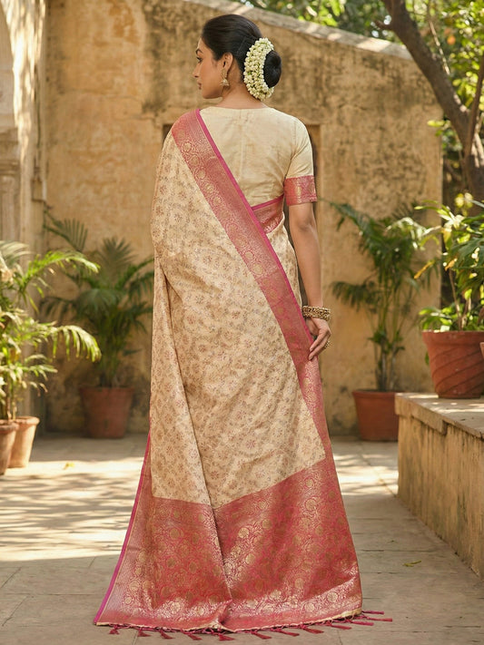 Sutriti Ivory and Pink Banarasi Silk Saree with Golden Zari – Regal Elegance for Timeless Celebrations