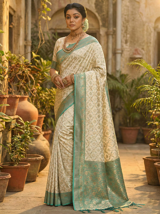 Sutriti Ivory and Sea Green Banarasi Silk Saree with Golden Zari – Regal Elegance for Timeless Celebrations