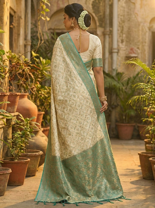 Sutriti Ivory and Sea Green Banarasi Silk Saree with Golden Zari – Regal Elegance for Timeless Celebrations