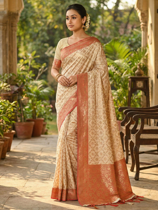 Sutriti Ivory and Red Banarasi Silk Saree with Golden Zari – Regal Elegance for Timeless Celebrations