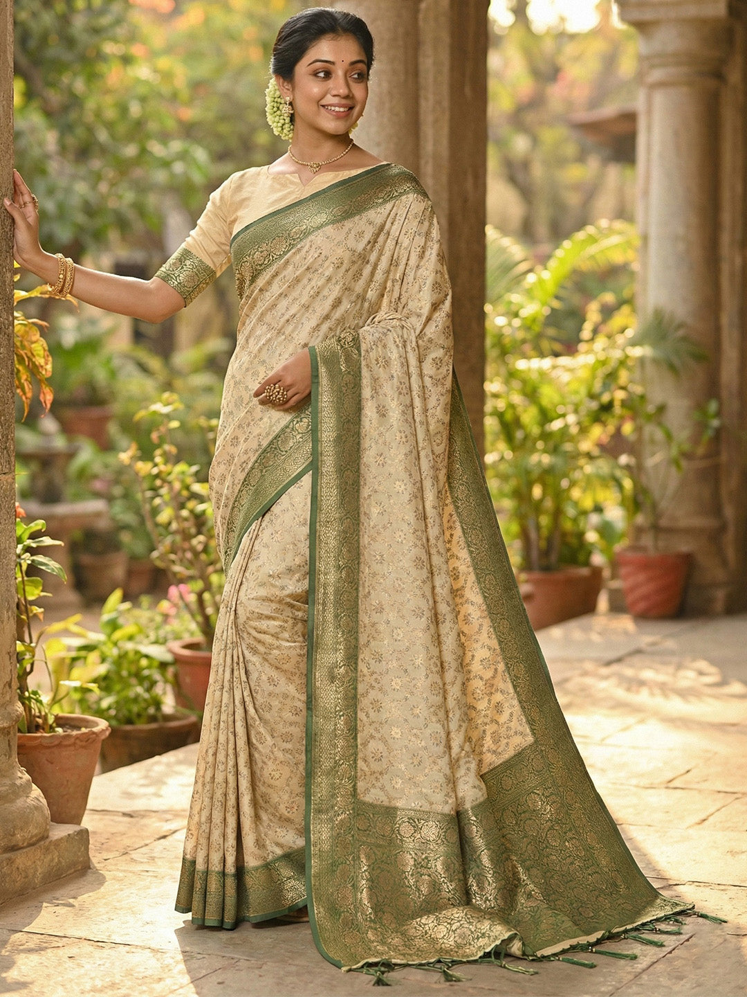 Sutriti Ivory and Green Banarasi Silk Saree with Golden Zari – Regal Elegance for Timeless Celebrations