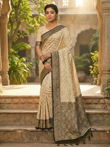 Sutriti Ivory and Black Banarasi Silk Saree with Golden Zari – Regal Elegance for Timeless Celebrations