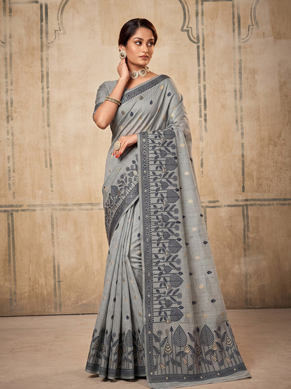 Sutriti Grey Pure Cotton Saree For Women | Elegant Festive & Formal Ethnic Wear