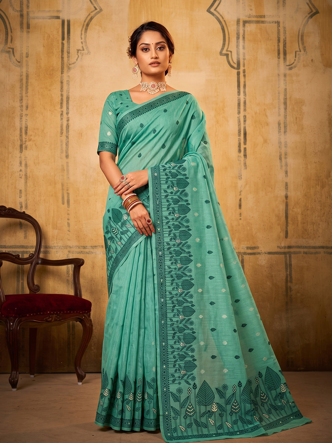 Sutriti Sea Green Premium Cotton Saree | Women's Floral Border Party Wear Drape