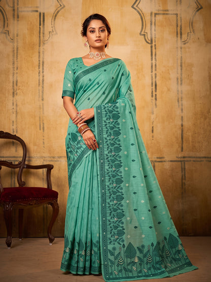 Sutriti Sea Green Premium Cotton Saree | Women's Floral Border Party Wear Drape