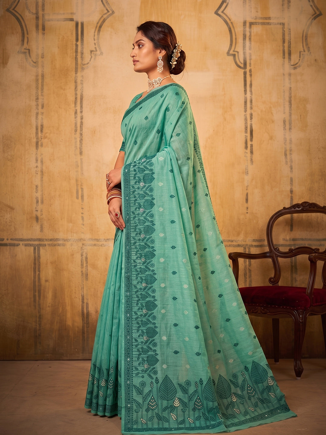 Sutriti Sea Green Premium Cotton Saree | Women's Floral Border Party Wear Drape