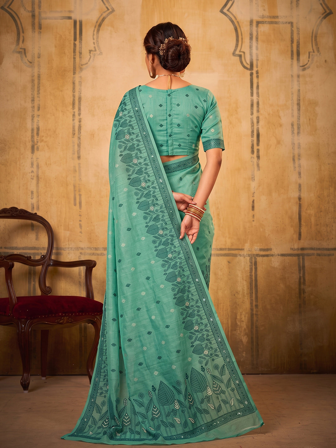 Sutriti Sea Green Premium Cotton Saree | Women's Floral Border Party Wear Drape