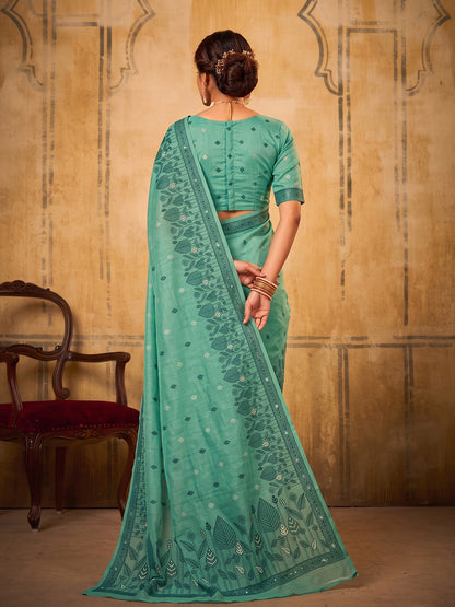 Sutriti Sea Green Premium Cotton Saree | Women's Floral Border Party Wear Drape