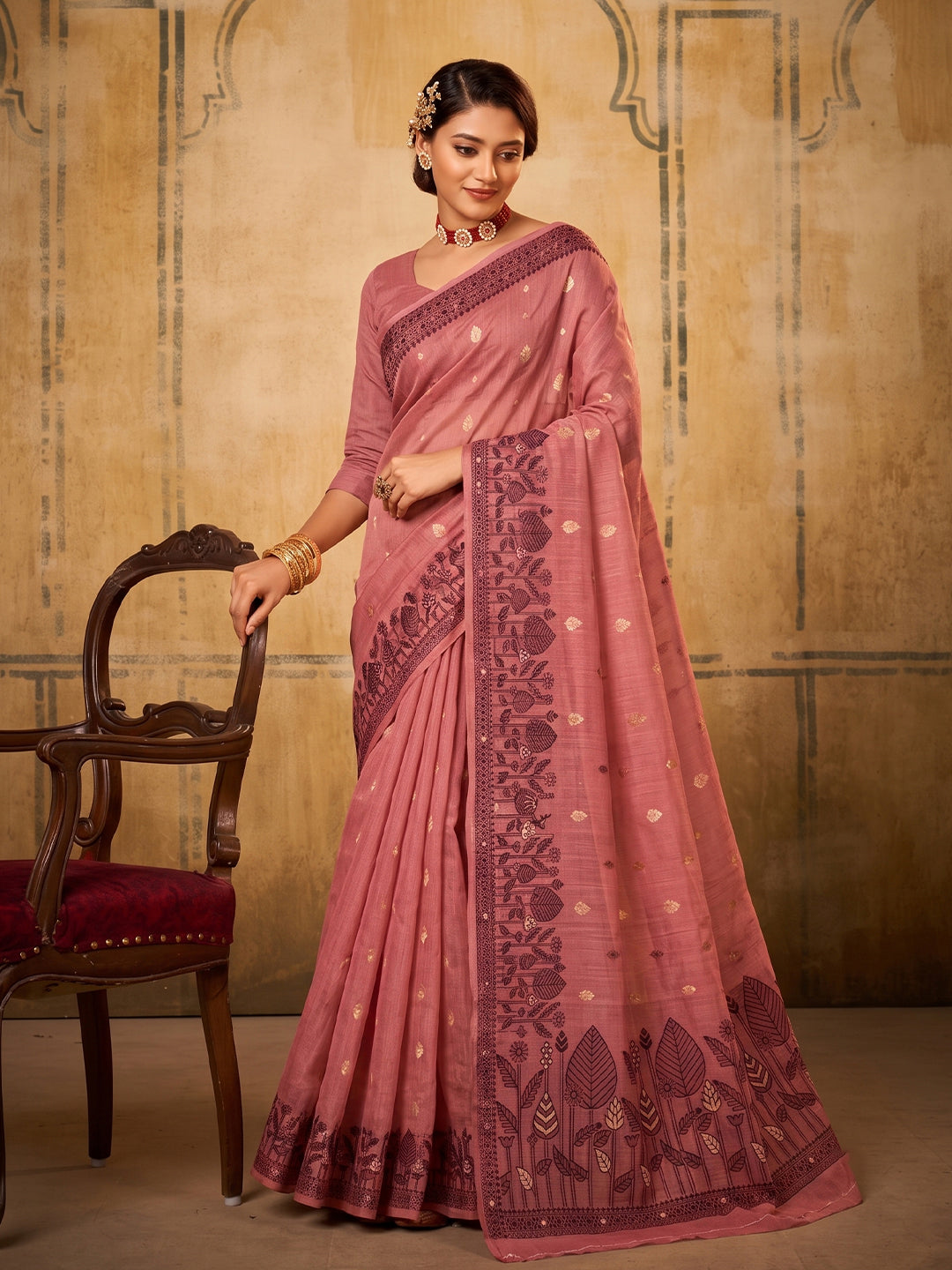 Sutriti Rose Pink Cotton Woven Saree For Women | Traditional Wedding & Festive Wear