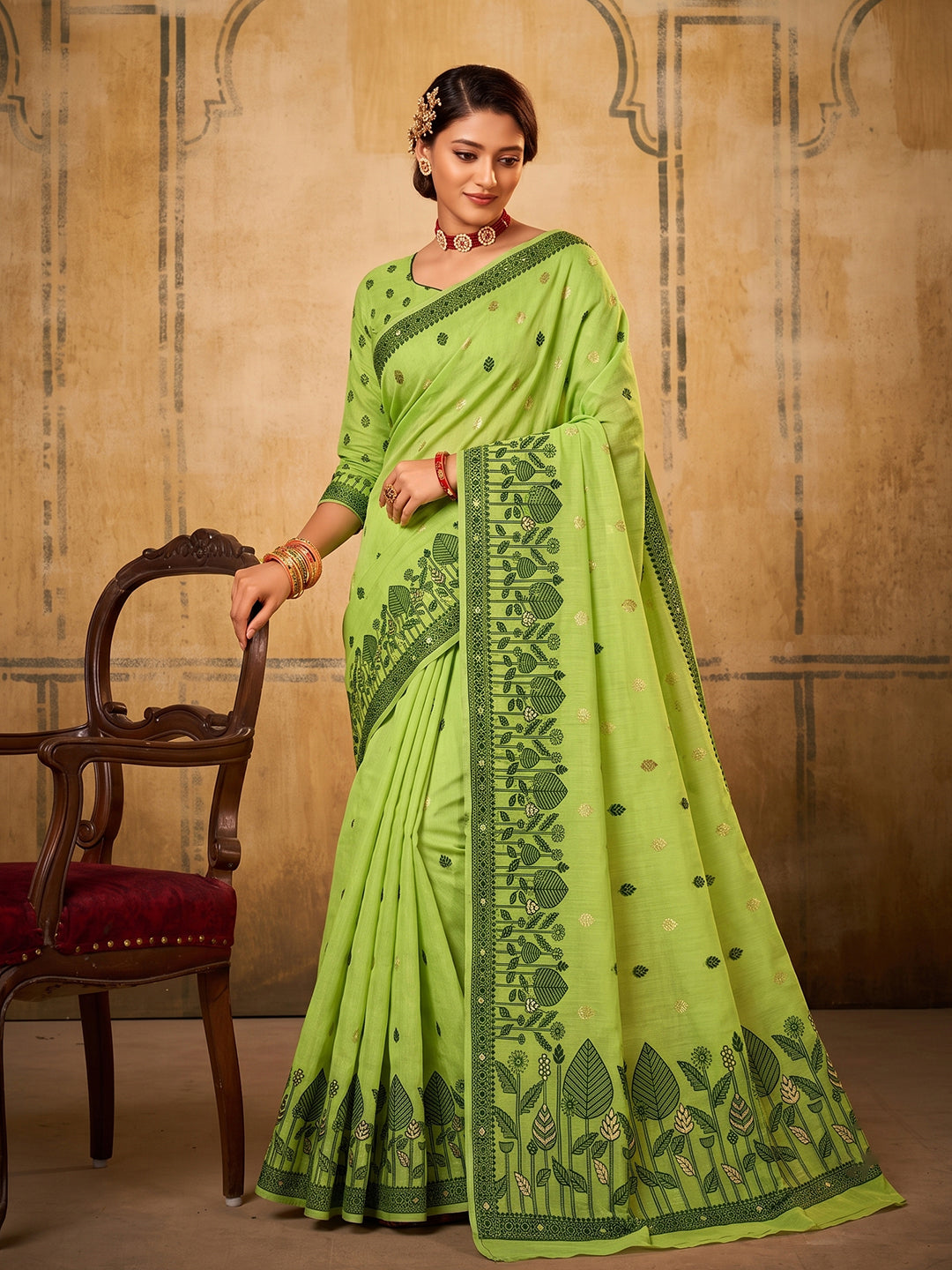 Sutriti Light Green Breathable Cotton Saree | Vibrant Party & Festive Ethnic Wear
