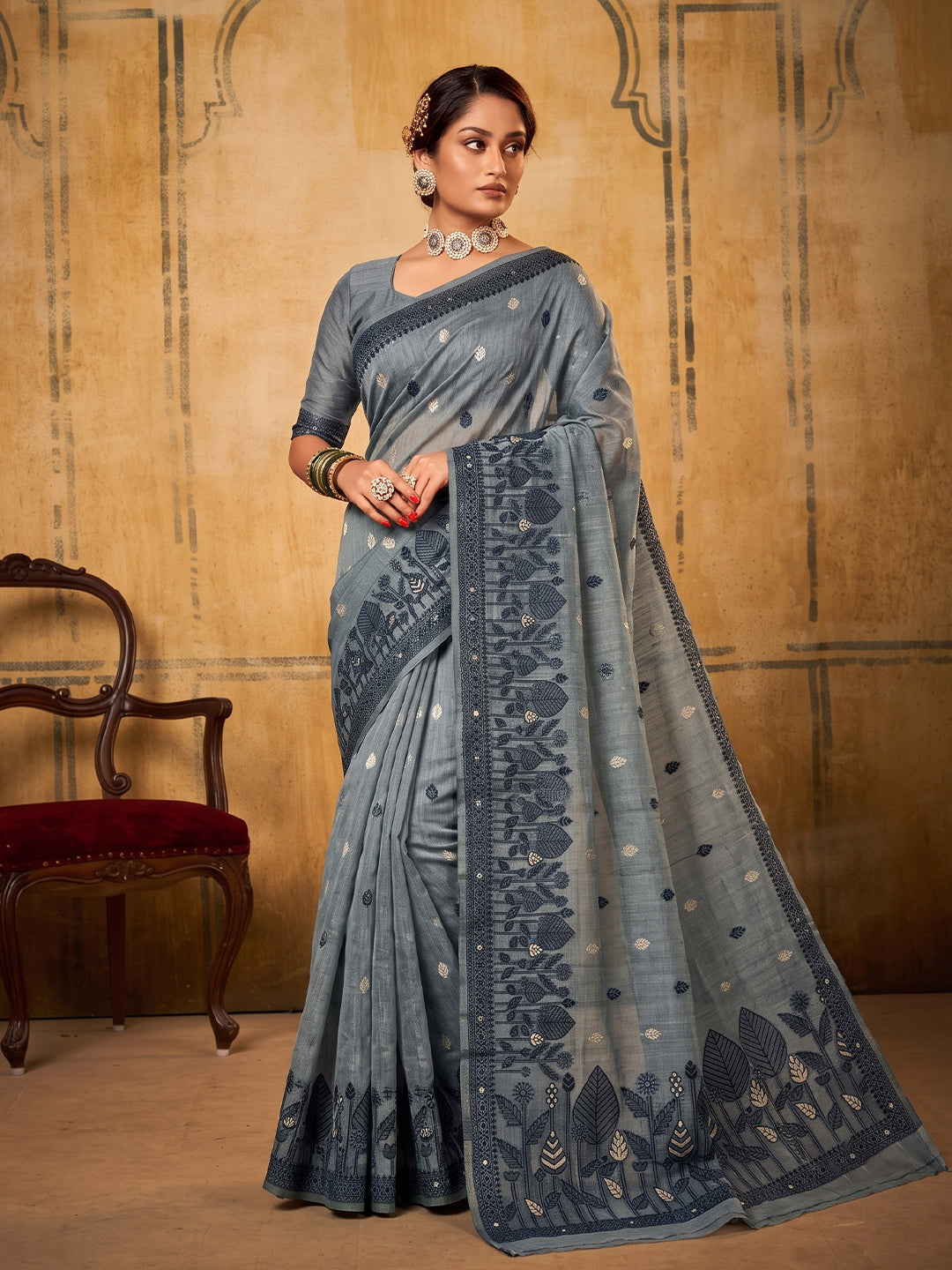 Sutriti Steel Blue Soft Cotton Saree For Women | Sophisticated Formal & Party Wear