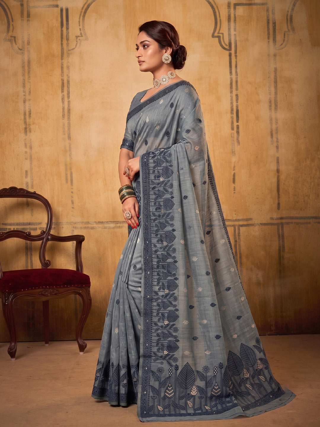 Sutriti Steel Blue Soft Cotton Saree For Women | Sophisticated Formal & Party Wear