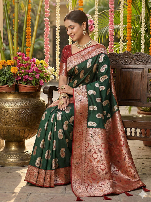 SUTRITI Banarasi Style Paisley Butti Saree for Women | Rich Woven Border & Grand Pallu | Festive Wedding Party Saree | Soft Elegant Drape | With Unstitched Blouse Piece|