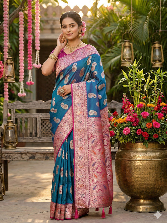 Sutriti blue & pink tissue silk butta woven zari border wedding saree butta border collection