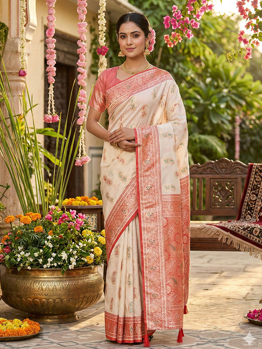 SUTRITI Banarasi Style Paisley Butti Saree for Women | Rich Woven Border & Grand Pallu | Festive Wedding Party Saree | Soft Elegant Drape | With Unstitched Blouse Piece|